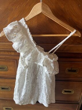 H&M White One-Shoulder Eyelet Ruffle Tank